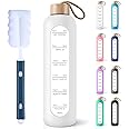 PROBTTL 32 Oz Borosilicate Glass Water Bottle with Time Marker Reminder Quotes, 1 Liter Leak Proof Reusable BPA Free Motivational Water Bottles with Silicone Sleeve and Bamboo Lid (White)