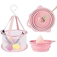 AUAUY Makeup Brush Cleaning Mat & Hanging Drying Net, Foldable Makeup Brush Cleaner, Silicone Brush Cleaning Bowl With Mesh Drying Rack Basket to Dry Makeup Sponge, Powder Puff, Brush(Pink)