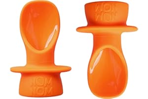 Nom Nom Kids | Baby Pouch Spoons | 2 Spoons + Washable Travel Bag | Little Nom Nom Silicone weaning Spoon for use with Baby Food Pouches and Reusable Pouches | Parent Travel Essentials (Orange)