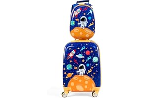 RELAX4LIFE 2 in 1 Set di Valigie per Bambini, Trolly 18''+Zaino 12'', Valigia Trolley con Ruote Girevoli, Zaino con Piedini in Plastica (Astronauta)