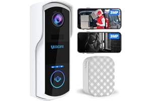 UCOCARE Timbre Inalámbrico con Cámara, 3MP FHD WiFi Timbre Videoportero Exterior Impermeable, Detección de Movimiento PIR, Visión Nocturna, Audio Bidireccional, Resistente al Agua IP67,Videollamadas