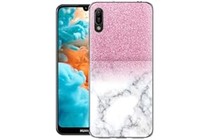 Pnakqil Huawei Y6 Pro 2019 Phone Case, Transparent Clear with Pattern Shockproof Flexible Soft Gel TPU Silicone Ultra-thin Protective Back Cover for Huawei Y6 Pro Smartphone, Pink and White Glitter