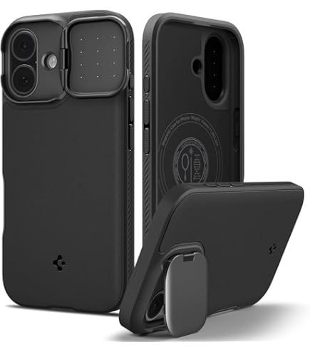 SURITCH Magnetische beschermhoes, compatibel met iPhone 17, schokabsorberend, schokbestendig, met verschuifbare camera-afdekking en verstelbare standaard, zwart