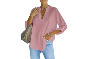 NONSAR Elegancka bluzka damska z dekoltem w serek Henley, zwijane rękawy, luźna bluzka