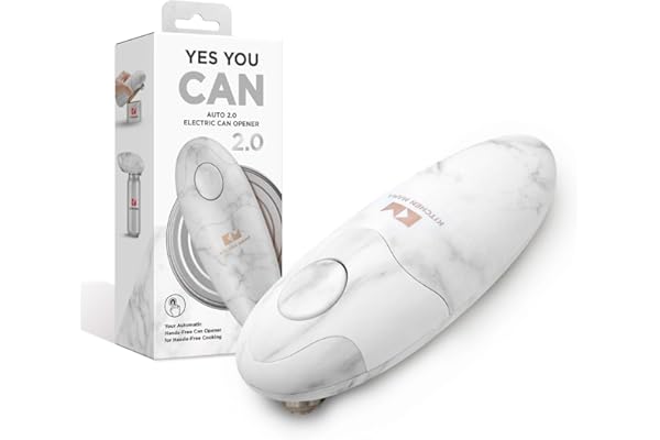 Kitchen Mama Auto 2.0 Ouvre-boîte électrique : la lame raffinée ouvre presque toutes les boîtes de conserve - automatique, mains libres, bord lisse, sans danger pour les aliments (Marbre blanc)