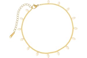 Made by Nami Bracelet de cheville en acier inoxydable pour femme - Doré - Imperméable - Avec perle - Longueur : 21,5 cm - Avec chaîne réglable de 6,1 cm - Convient comme bijou de surfeur ou de bohème
