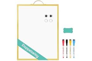 ‎QUEENLINK QUEENLINK Doppelseitiges Magnetisches Whiteboard, 30 x 40cm Dry Erase Board für die Wand, Kleine Goldene Aluminiumrahmen Tafel mit Halterung, tragbare Tafel für Haus Küche Büro AL70-WB2-V-3040-GLD