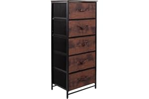 SWINTERY Chest of Drawers Bedroom, Drawer Storage Unit, Dresser with 4 Fabric Drawers, Metal Frame, Tall and Slim (Rustic Brown Wood Grain Print, 5 Drawers)