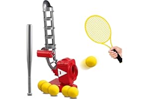 Mostop Kids Auto Baseball Pitching Machine Outdoor Toy Set-4 Adjustable Angles Electronic Baseball Training Equipment & Batting Practice Toys for Youth, Includes 6 Baseballs, Baseball Bat and Racket