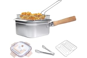 RICHLUCK Deep Fat Fryer with Basket, Rack, Clear Lid and Food Tong, Stainless Steel Fryer Pot with Removable Wood Handle, Portable pan for Frying Chips Fish Shrimp Chicken and Fries