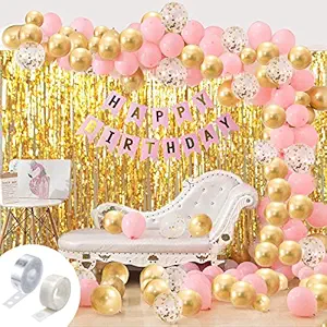 Party Propz Girls Happy Birthday Rubber Balloons Banner Curtains Decorations Kit- 93Pcs For Girl Baby Kids First Bday Decoration Items/Women Celebration/Pink Princess Quarantine Theme