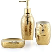 Set di 4 accessori da bagno in ceramica gialla con portaspazzolino, dispenser per lozione, portasapone, tazza