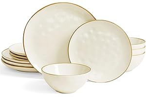 Richmount Dinner Set for 4, Ocean Round Series, 12 Piece Plates and Bowls Set, Reactive Glaze Stoneware Dinner Set, Dishwasher & Microwave Safe, Stylish & Durable Dinnerware Sets, Service for 4, White