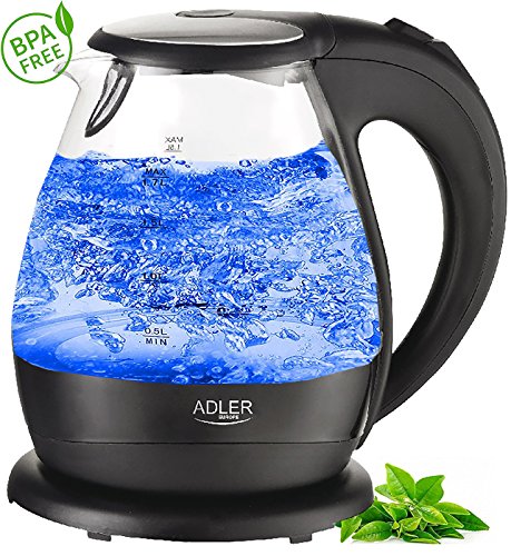 Glas Design Wasserkocher blaue LED Innen Beleuchtung 2.000 Watt 1,5 Liter
