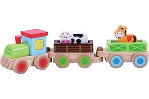 JUMINI Children's Wooden Farm Train Toy: Stacking Train with Animals, Horse and Cow Transporter – Brightly Painted Push-Along Toy. Suitable from 12months, 1yr, boy, Girl, Baby, Toddler Toy