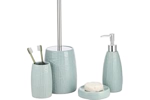 BM 6130 Set Accessori Bagno 4 Pezzi in Ceramica con Superficie Liscia e Linee Turchese – Dispenser, Portaspazzolino, Portasaponetta, Portascopino | Set da Appoggio Elegante per Arredo Bagno Moderno