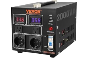 VEVOR Transformador Convertidor de Voltaje Sube/Baja 220-110V/110-220V Convertidor 2000 W CE con 2 Enchufes NEMA 5-15R de 3 Pines EE.UU., 2 Enchufes Shucko Europeos, 1 Conector USB, 1 Conector Tipo-C