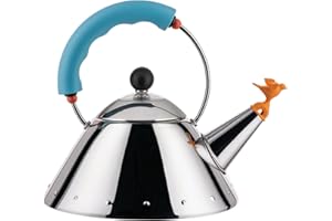Alessi Kettle 9093/1 LAZ - Bollitore di Design, Adatto a Cottura ad Induzione, Fondo in Acciaio Inossidabile Lucido 18/10 con Manico e Fischietto a Uccellino in PA, Azzurro Chiaro, 100cl