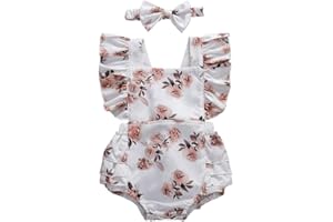DAY8 Vêtements Bébé Fille Pas Cher Été Body Pyjama Bébé Fille Naissance 3-24 Mois Combinaison Bébé Fille sans Manche Impression Grenouillère Combi Barboteuse Gland + Bandeau