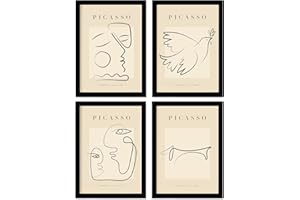 Nacnic Ensemble de 4 illustrations de Picasso. Paix. Illustrations à un seul trait dans le style de la galerie d'art. Peintures pour la décoration intérieure. A3 avec cadre noir.