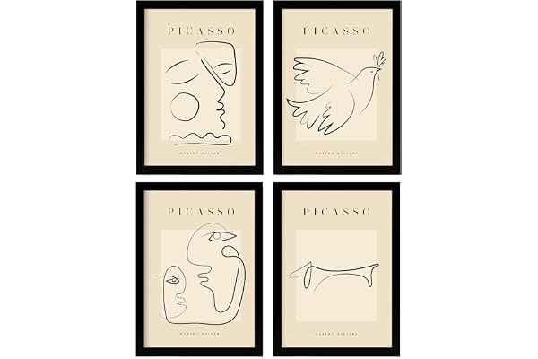 Nacnic Ensemble de 4 illustrations de Picasso. Paix. Illustrations à un seul trait dans le style de la galerie d'art. Peintures pour la décoration intérieure. A3 avec cadre noir.