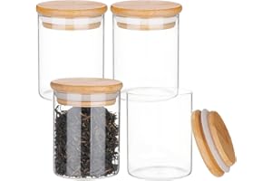 BENECREAT 4 Confezione di Barattoli di Vetro Trasparente con Coperchi in Legno 200ml Piccolo Contenitore Rotondo Ermetico per Spezie con Coperchi Ad Anello in Silicone per Cucina Domestica