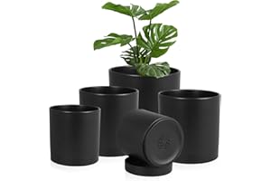 Homeuouz 5 Packs Blumentopf mit Untersetzer, 17.8cm/15.2cm/14cm/12.7cm/10.2cm Pflanzentopf, Plastik Übertopf, Hydrokultur Topf, Blumentöpfe Set Ideal für Innen und Balkongärten,Schwarz