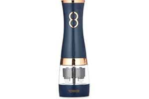 Tower T847004MNB Electric Salt and Pepper Mills, Battery Operated with Adjustable Ceramic Grinders, Midnight Blue and Rose Gold