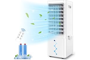 Raofuo Evaporative Air Cooler, 65W Mobile Air Conditioner 60° Oscillation 3 Modes/Wind Speeds Removable 10L Tank 12H Timer Low Noise w/Remote Control 2 Ice Box Cooling Fan for Home, Bedroom, Office