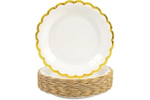 DHAIQC Piatti di carta bianco oro, 50 pezzi, 18 cm, con bordo dorato, piatti usa e getta per compleanni, matrimoni, anniversari