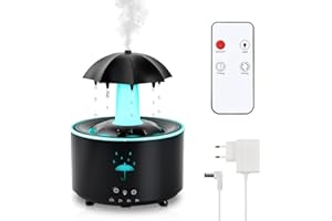 MAPILLE Humidificador Lluvia 300ML, Humidificador de Aire Paraguas, Difusor Aceite Esencial, Humificador Lámpara LED de 7 Colores, Difusor Aromaterapia con Control Remoto para Dormitorio Sala Estar (Negro)