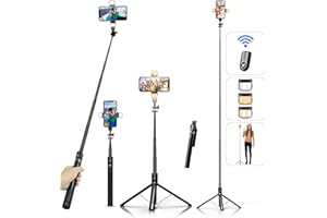 ASHINER Palo Selfie Tripode para Movil - 180cm Soporte de Teléfono con Control Remoto y Luces LED de Relleno para Viajes, Vlogging, Video, Fotos, Compatible con iPhone, Android