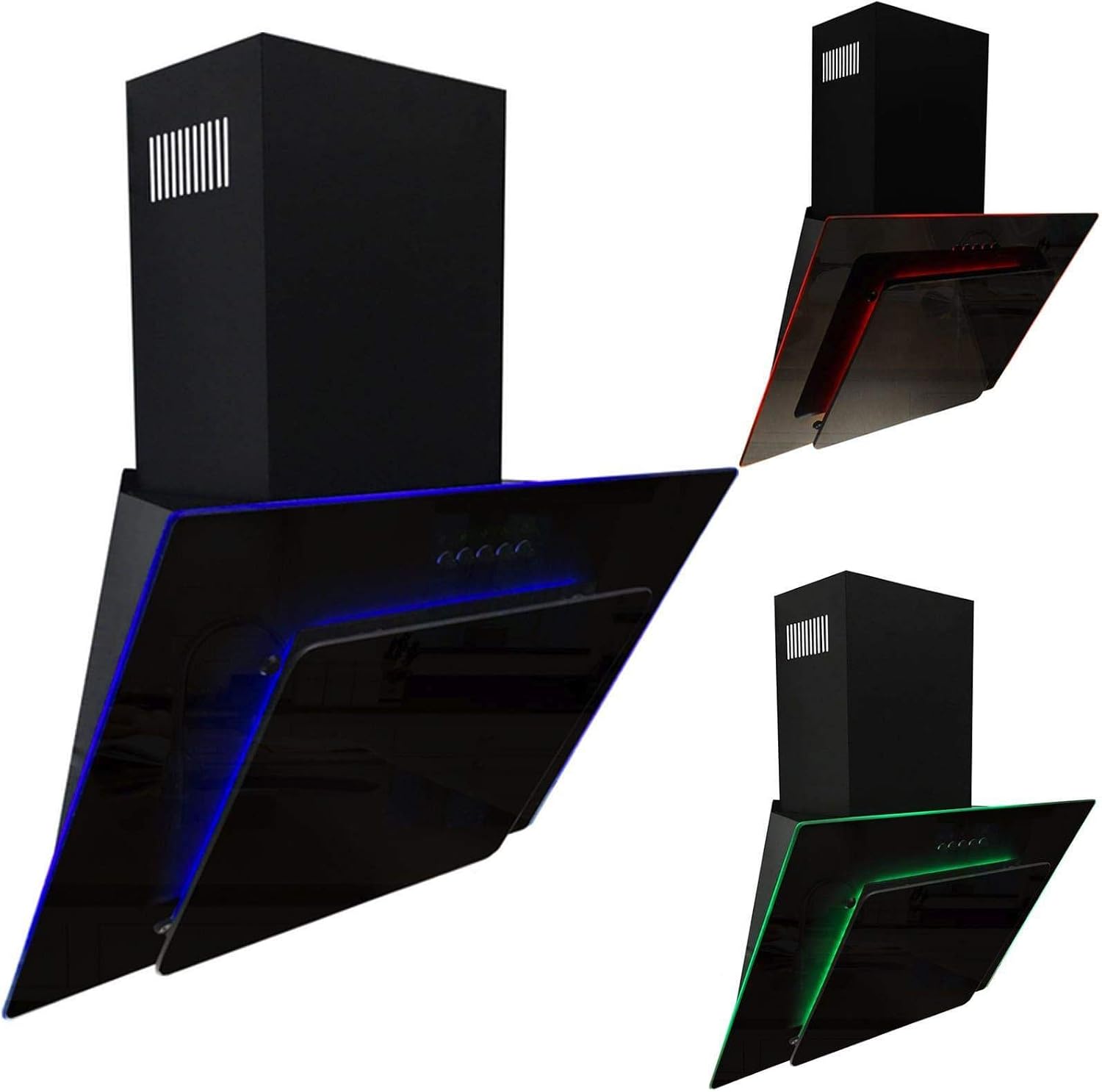 SIA AGE71BL 70cm Black Glass Angled Kitchen Cooker Hood Chimney Extractor Fan With Red Blue And Green LED Edge Lit Mood Lighting