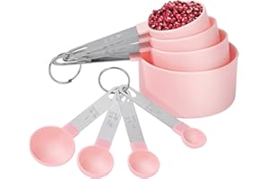 MOONSING Messbecher und Löffel Set, 8 Stück Kunststoff Messlöffel mit Edelstahl Griff, Messwerkzeug für Flüssigkeiten und Feststoffe, für Küche, Kochen, Backen, Rosa