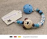 Baby SCHNULLERKETTE mit NAMEN | Schnullerhalter mit Wunschnamen - Jungen Motiv Bär in natur, blau