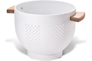 BEIFEIER Passoire en métal avec poignée en bois, revêtement en poudre, passoire en métal de 22 cm, grande passoire de cuisine avec base stable, parfaite pour les pâtes, les fruits, les légumes (blanc mat)