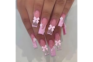 GlamRays 24 clavos de ataúd para uñas postizas blancas, forma cuadrada, cobertura completa, encaje, purpurina, uñas adhesivas, flores rosas, diseño de lazo