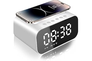 VORRINC Radiosveglia Digitale da Comodino con Stazione di Ricarica Wireless,Radiosveglia con Specchio,Bluetooth,Doppi allarmi,Snooze,Temperatura,3 Luminosità,16 Livelli di Volume,per Camera da Letto