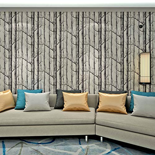 HANMERO Papier Peint Intissé Vintage Motif de Bouleau Arbre Noir et Blanc pour Salon Chambre Bureau TV Fond---10m*0.53m