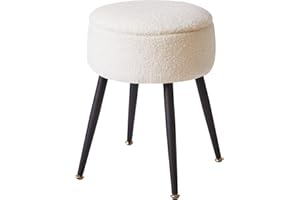 Aibiju Round Footrest Stool with Storage, Faux Teddy Fur Dressing Table Chair, Makeup Vanity Stool Side Table with Metal Legs for Bedroom, Living Room, Entryway, Offices, White YD-RMS137W