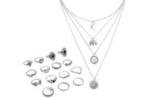 LECHISENOP Boho Style Vintage Punk Gothic Jewellery Necklace Rings Party Jewelry Sets Multi-layer Long 3D Elephant Moon Pendant Long Necklace and 15 Pcs Women Joint Knuckle Retro Ring Set for Women and Girls