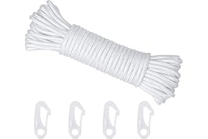 LOPOTIN 15m Corde de Drapeau en Nylon, Corde de Drisse Corde à Linge en Nylon Rechange Blanc avec 4 Clips Crochets Suspendre pour Vêtement Drapeau Décoration