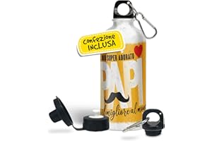 EVENUE Borraccia Termica Regalo Festa Del Papà, Idee Regali Compleanno, Gadget Originale ed Utile per Lavoro, Palestra e Sport, Alluminio Bianco Personalizzata con Illustrazione Al Mio Super Adorato Papi