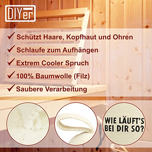 DIYer® – Saunahut Saunamütze Saunakappe Filzkappe – cooler Aufdruck „Wie läuft’s bei dir so?“ – 100% Baumwolle Filz – Farbe weiß - 2