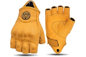 mjmoto Guanti retrò a mezza dita, in pelle gialla, con perforazioni traspiranti e impugnatura antiscivolo, chiusura in velcro, unisex