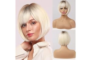 QIHANG Perruque Femme Courte Platine Blonde 10 Pouces Naturels Cheveux Raides Perruque Bob Synthétique pour Femme Utilisation Quotidienne