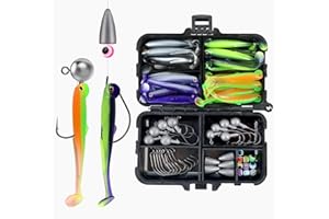 FOLANDO 75 Pcs Soft Fishing Lures Kit with Tackle Box, Sinking Jigs, Wriggling T-tail Grubs, Weights & Hooks, Portable Set for Freshwater and Saltwater Fishing