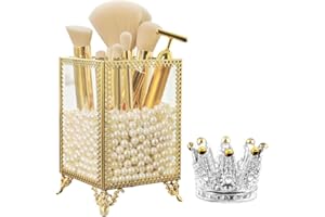 Tohoee Porta Pennelli con Perle Vetro Ottone Vintage Organizzatore di Cosmetici Scatola di Immagazzinaggio Trasparente con Corona Porta in Vetro per Spugna Trucco Orecchino Collana Gioielli