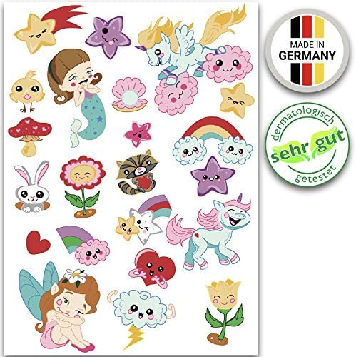 Metallic Temporary Flash Tattoos, Dermatologically Tested "VERY GOOD", 21 Gold and Silver Motifs such as Unicorn, Fairy, Cloud, Star - Perfect as a Party Gift or Favour for Girls (Unicorn Party I)