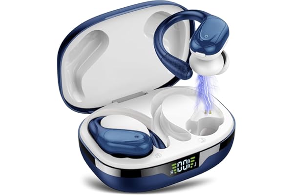 Auriculares Inalambricos, Auriculares Bluetooth 5.3 Deportivos con Gancho de la Oreja, 60H de Reproducción, Pantalla LED, Llamada ENC HD, Profundamente Bajo, Ajuste Cómodo, IP7 Impermeable Blanco Azul